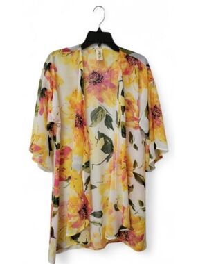 LARA Fashion Kimono Cardigan S/M Yellow Pink Floral Chiffon Small / Medium New